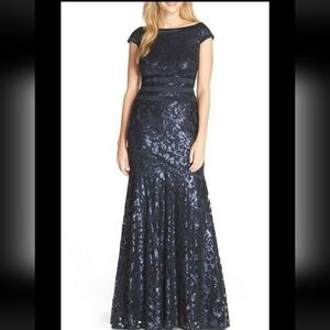 Tadashi Shoji Sequin Mesh Mermaid Gown Evening Maxi Dress Navy Blue Size 16P